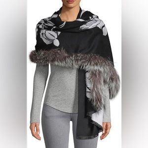 Belle Fare Floral Fox Fur Trim Cashmere Blend Shawl